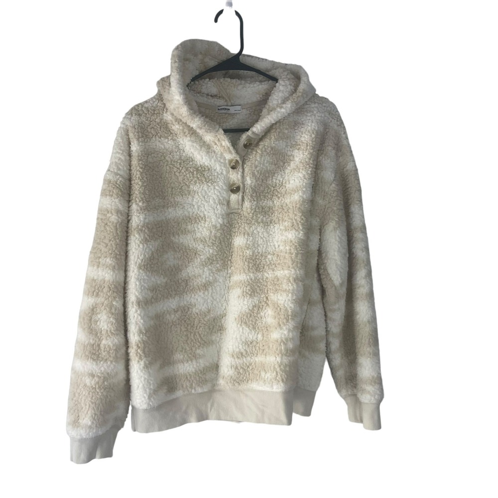 Sonoma Goods For Life Womens Large Sherpa Hoodie Cream Tan Geometric Pullover